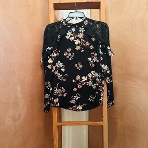 Floral Black Women's Top with Lace Details